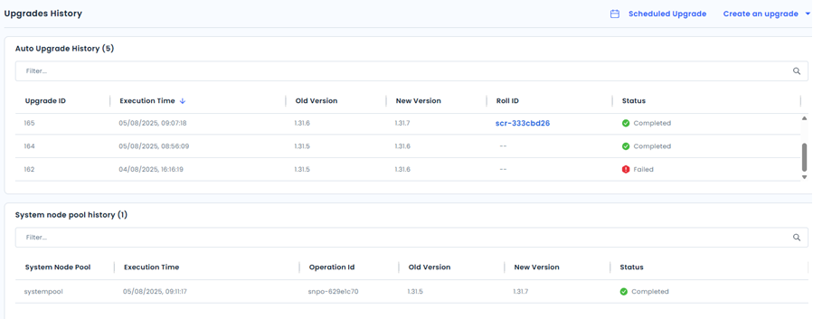 Auto-upgrades history screen showing a table listing completed AKS control plane patch version upgrades